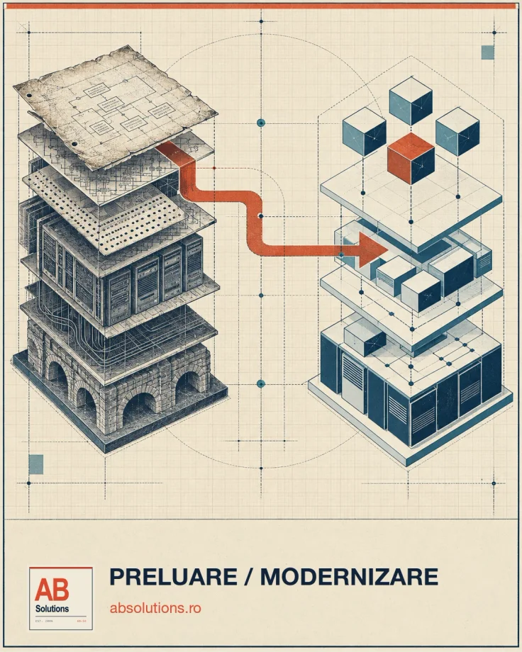 Compoziție editorială despre preluarea și modernizarea unui sistem software existent.