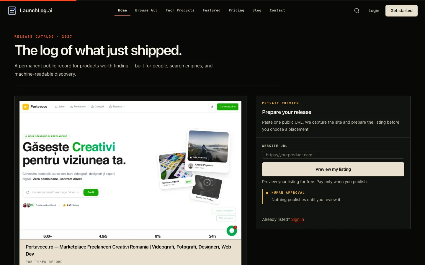 LaunchLog.ai — previzualizare homepage