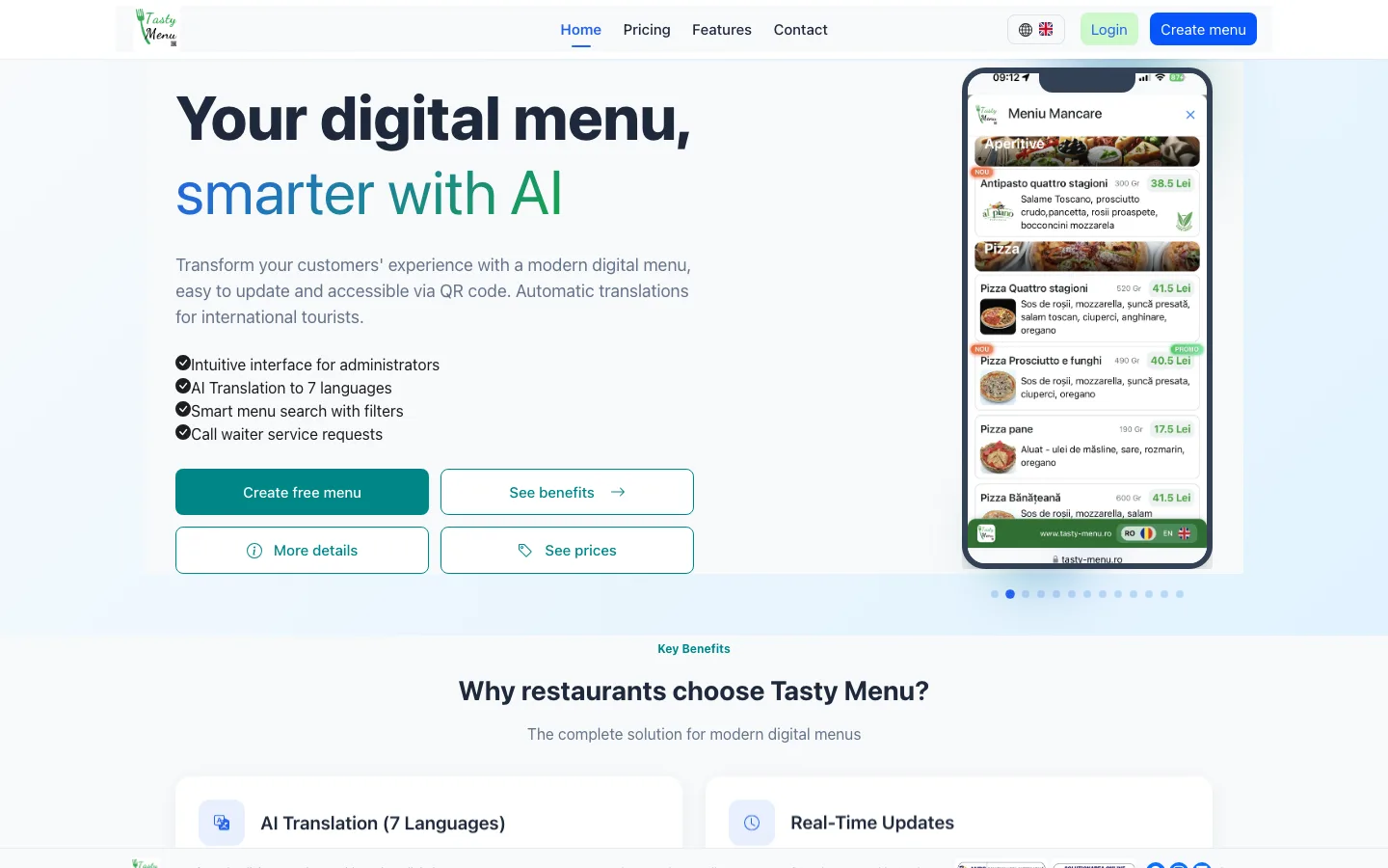 Tasty Menu — previzualizare homepage